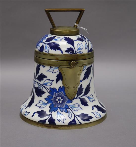 A Victorian brass mounted pottery bell biscuit box height 20cm